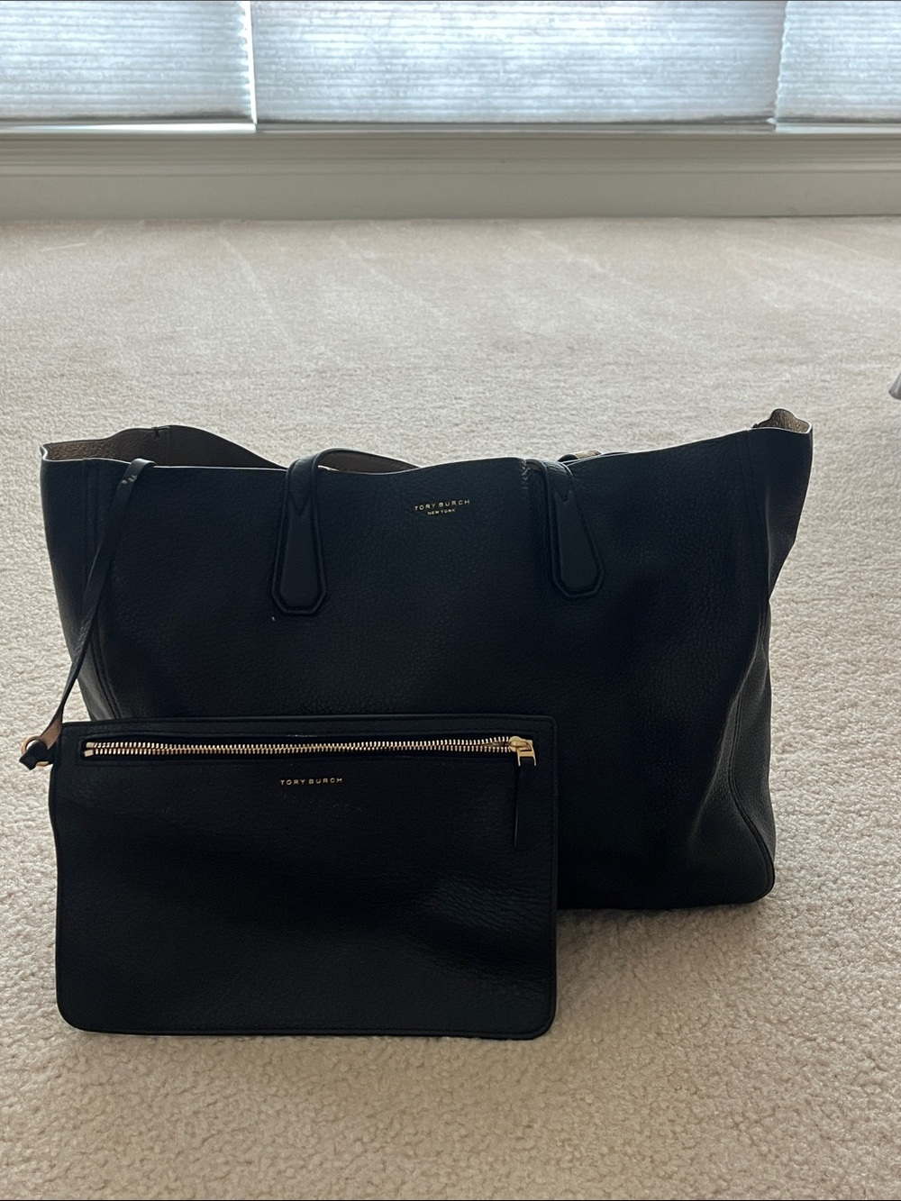 Tory Burch Black Pebbled Leather Tote with Zip Pouch